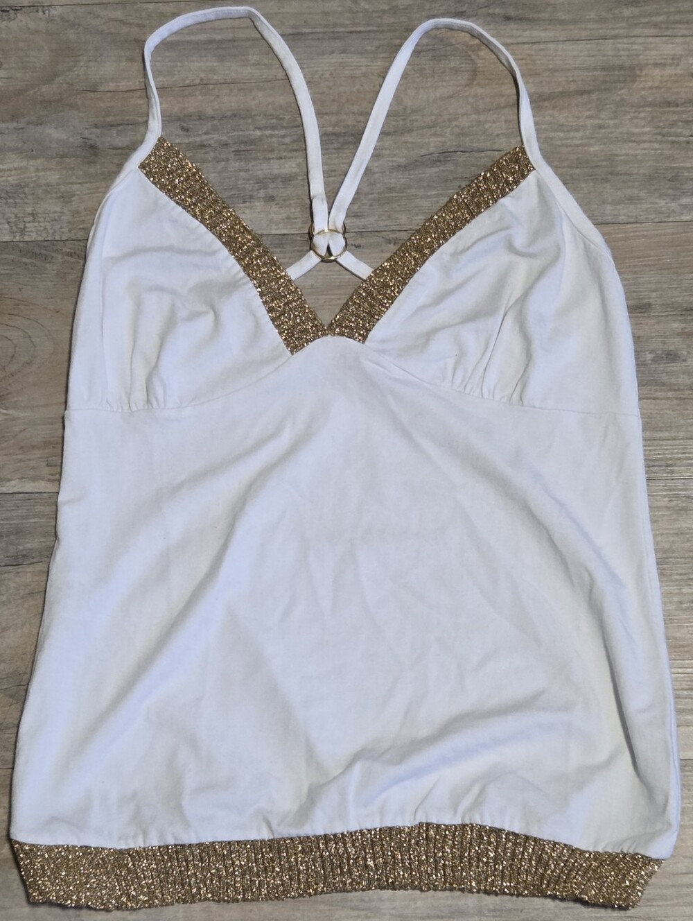 La Vie En Rose Italy White Cami Tank Top Gold Shimmer Trim Size M